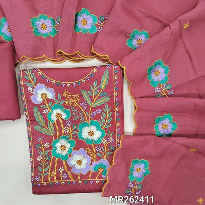 Dark onion pink glazed cotton unstitched salwar material,thread embroidery work on yoke,(soft ,lining optional) matching cotton bottom, floral embroidery work on short width soft silk cotton dupatta with cutwork edges. MR262411