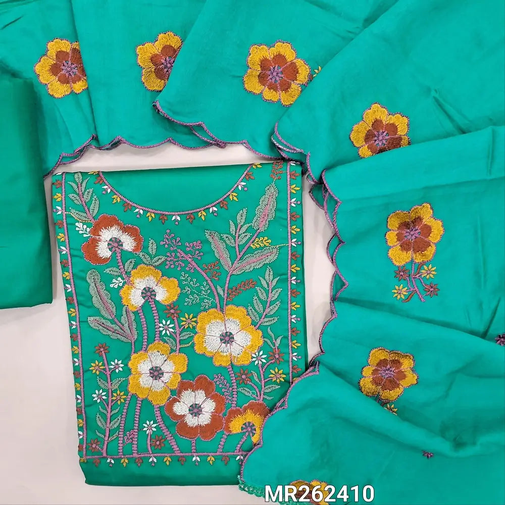 Light turquoise blue  glazed cotton unstitched salwar material,thread embroidery work on yoke,(soft ,lining optional) matching cotton bottom, floral embroidery work on short width soft silk cotton dupatta with cutwork edges. MR262410