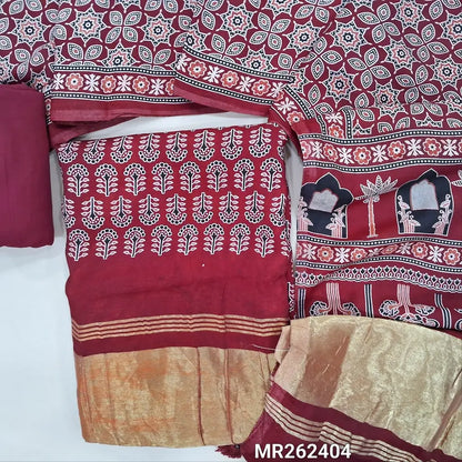 Reddish maroon ajrak printed taspa silk unstitched salwar material(lining needed) tissue borders on daman, matching cotton bottom, ajrak printed taspa silk dupatta with tissue pallu (TAPING NEEDED) MR262404