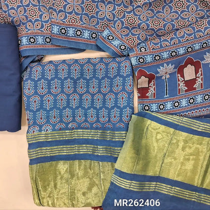 Indigo blue ajrak printed taspa silk unstitched salwar material(lining needed) tissue borders on daman, matching cotton bottom, ajrak printed taspa silk dupatta with tissue pallu (TAPING NEEDED) MR262406