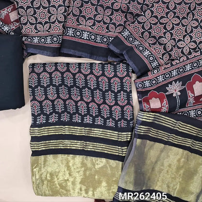 Black ajrak printed taspa silk unstitched salwar material(lining needed) tissue borders on daman, matching cotton bottom, ajrak printed taspa silk dupatta with tissue pallu (TAPING NEEDED) MR262405