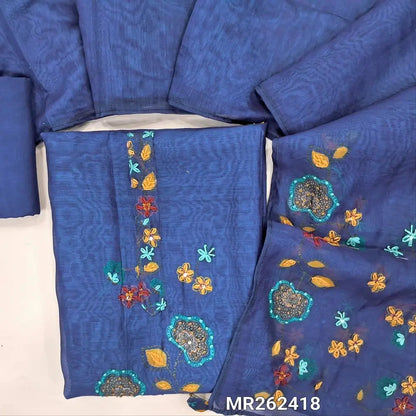 Royal blue premium silk cotton unstitched salwar material ( thin,lining needed) hand embroidery work on front, floral printed all over,matching santoon bottom, soft silk cotton full length dupatta with hand embroidery pallu. MR262418