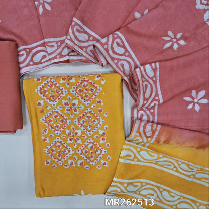 Mehandhi yellow chanderi silk cotton unstitched salwar material,wax batik yoke with embroidery work, wax batik design all over(lining needed)peachish pink silk cotton bottom,wax batik design on dual shaded chanderi silk cotton dupatta. MR262513