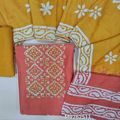 Peachish pink chanderi silk cotton unstitched salwar material,wax batik yoke with embroidery work, wax batik design all over(lining needed)mehandhi yellow silk cotton bottom,wax batik design on dual shaded chanderi silk cotton dupatta. MR262511