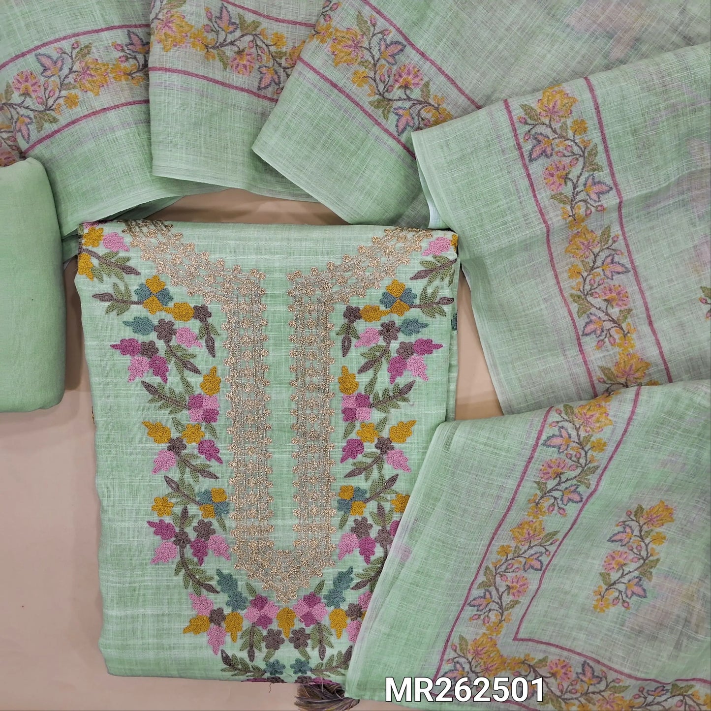 Pastel green pure linen unstitched salwar material, zari embroidery and thread embroidery on yoke, thread embroidery on front (lining needed) matching spun cotton bottom,floral printed premium linen dupatta. MR262501
