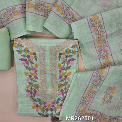 Pastel green pure linen unstitched salwar material, zari embroidery and thread embroidery on yoke, thread embroidery on front (lining needed) matching spun cotton bottom,floral printed premium linen dupatta. MR262501