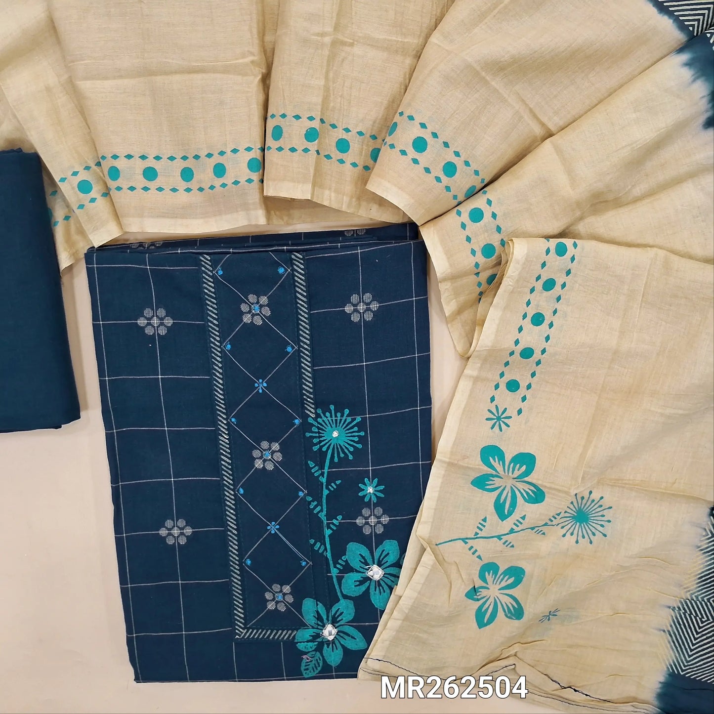 Dark blue premium handloom cotton unstitched salwar material,checked design,thread buttas and brush paint on front,(lining needed)matching cotton bottom,hand block printed on dual shaded mul cotton dupatta. MR262504