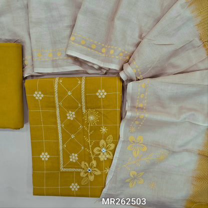 Bright mehandhi yellow premium handloom cotton unstitched salwar material,checked design,thread buttas and brush paint on front,(lining needed)matching cotton bottom,hand block printed on dual shaded mul cotton dupatta. MR262503