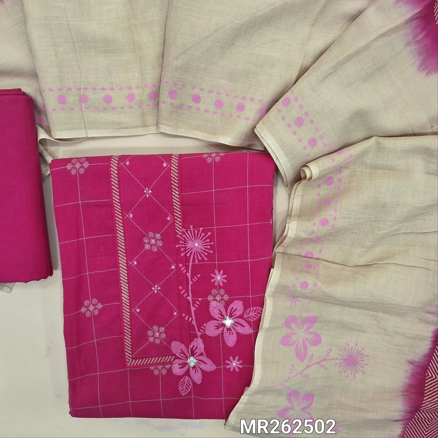 Dark pink  premium handloom cotton unstitched salwar material,checked design,thread buttas and brush paint on front,(lining needed)matching cotton bottom,hand block printed on dual shaded mul cotton dupatta. MR262502