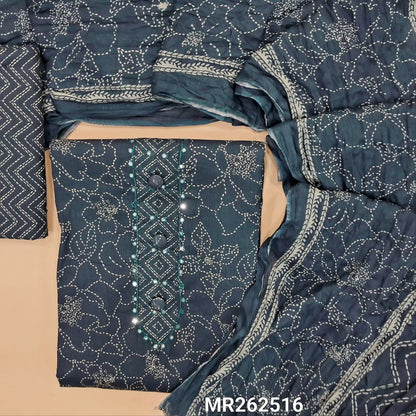 Dark blue printed mul cotton unstitched salwar material,faux mirror and buttons on yoke,(lining optional) zigzag printed cotton bottom, printed on crinkled soft mul cotton dupatta. MR262516