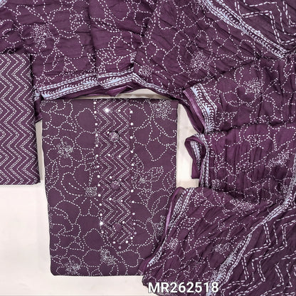 Deep wine purple printed mul cotton unstitched salwar material,faux mirror and buttons on yoke,(lining optional) zigzag printed cotton bottom, printed on crinkled soft mul cotton dupatta. MR262518