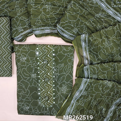Dark olive green printed mul cotton unstitched salwar material,faux mirror and buttons on yoke,(lining optional) zigzag printed cotton bottom, printed on crinkled soft mul cotton dupatta. MR262519