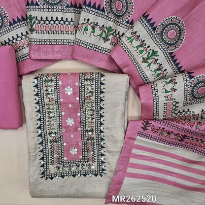 Light greyish beige semi gicha unstitched salwar material, warli printed with faux mirror work on yoke(thin fabric, lining needed)Pink cotton bottom, digital warli printed silk cotton dupatta. MR262520