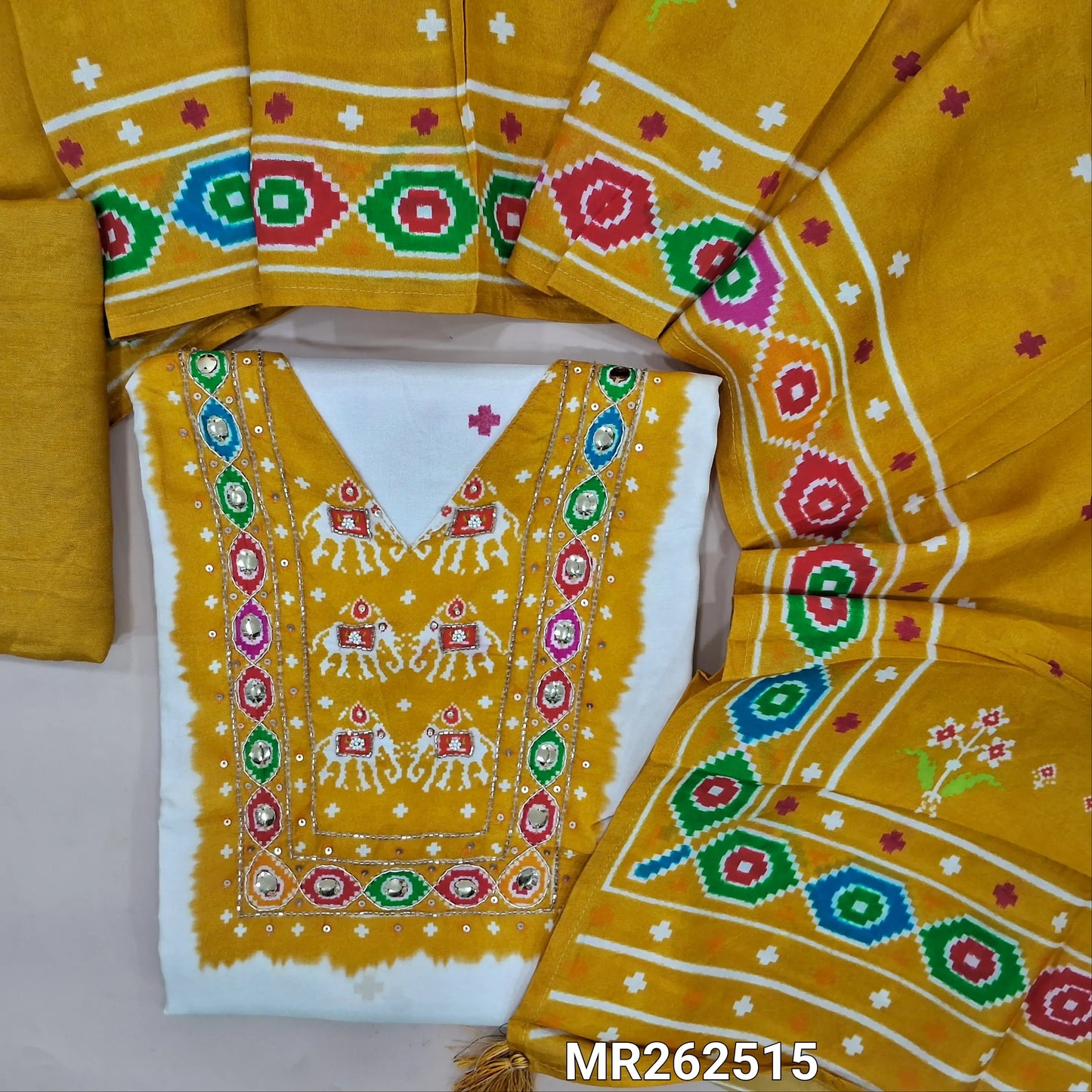 Designer off white printed russian silk unstitched salwar material, contrast printed yoke patch (Shiny, Silky, Lining Needed) Matching santoon bottom, digital printed short width russian silk dupatta. MR262515