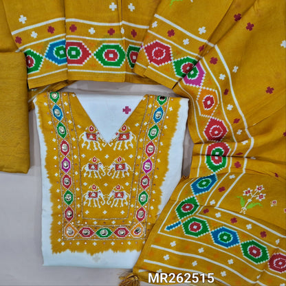 Designer off white printed russian silk unstitched salwar material, contrast printed yoke patch (Shiny, Silky, Lining Needed) Matching santoon bottom, digital printed short width russian silk dupatta. MR262515