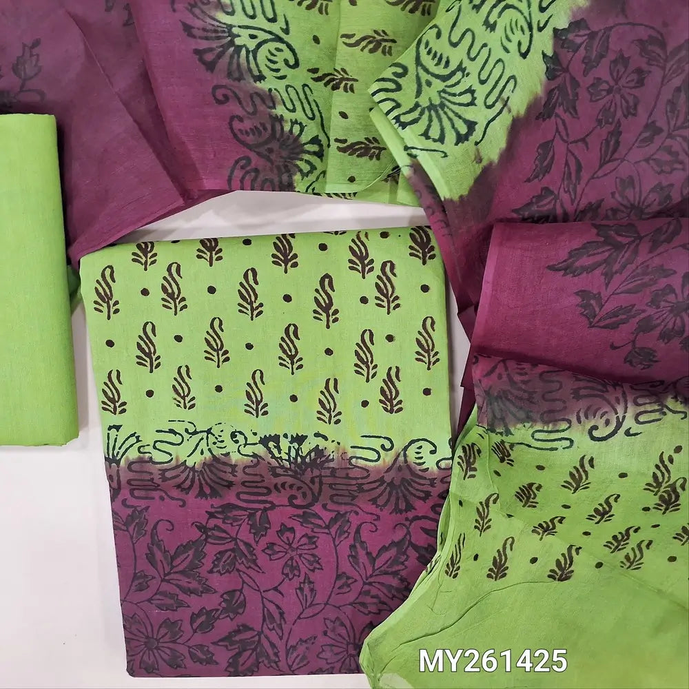 Purple & green hand block printed pure cotton unstitched salwar material (lining needed) block printed cotton bottom, dual shaded block printed pure cotton dupatta TAPING NEEDED(over lapping of prints not consider as a defect. MY261425