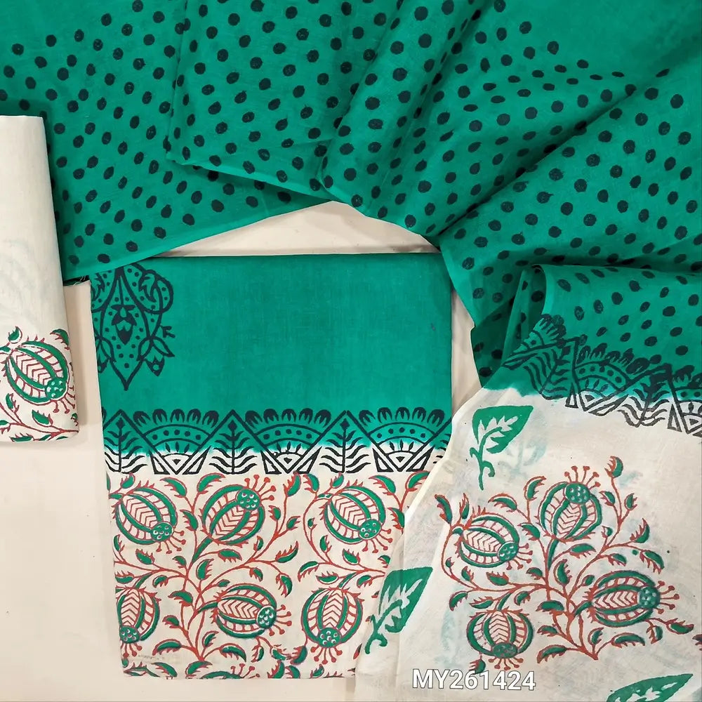 Turquoise green& off white hand block printed pure cotton unstitched salwar material (lining needed) block printed cotton bottom, dual shaded block printed pure cotton dupatta TAPING NEEDED(over lapping of prints not consider as a defect. MY261424