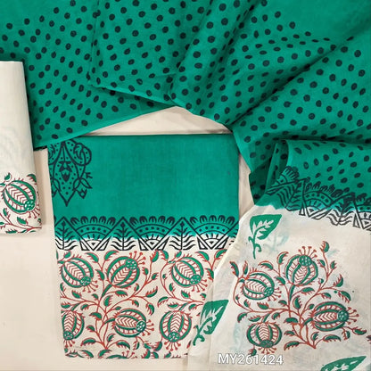 Turquoise green& off white hand block printed pure cotton unstitched salwar material (lining needed) block printed cotton bottom, dual shaded block printed pure cotton dupatta TAPING NEEDED(over lapping of prints not consider as a defect. MY261424