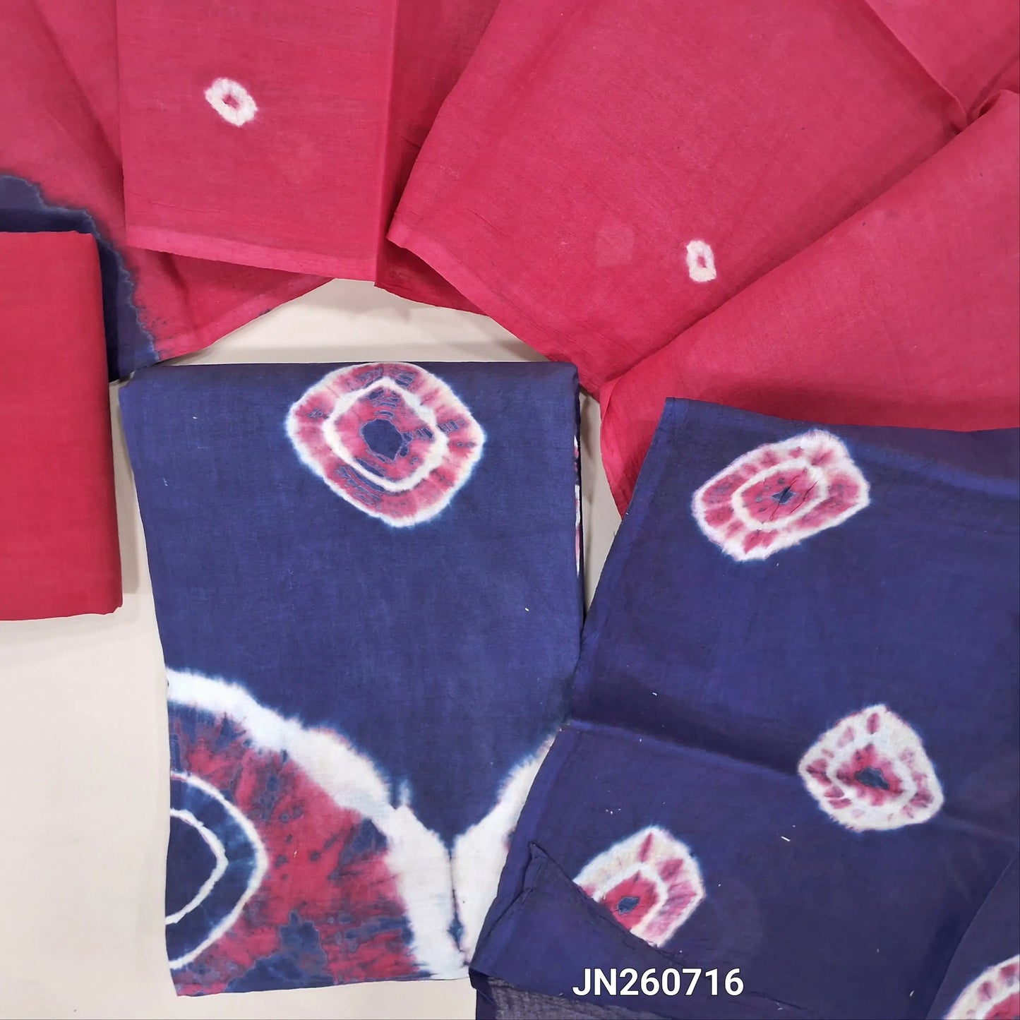 Ink blue shibori dyed pure cotton unstitched salwar material (lining needed) dark pink cotton bottom,shibori dyed pure cotton dupatta. JN260716