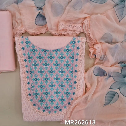 Peachish pink chikankari embroidered pure cotton unstitched salwar material, embroidered yoke with lace work(lining optional)matching cotton bottom,brush paint work on fancy chiffon dupatta with lace tapping. MR262613