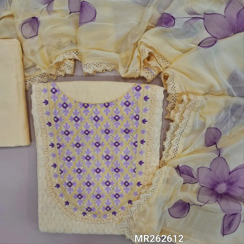 Pastel yellow chikankari embroidered pure cotton unstitched salwar material, embroidered yoke with lace work(lining optional)matching cotton bottom,brush paint work on fancy chiffon dupatta with lace tapping. MR262612