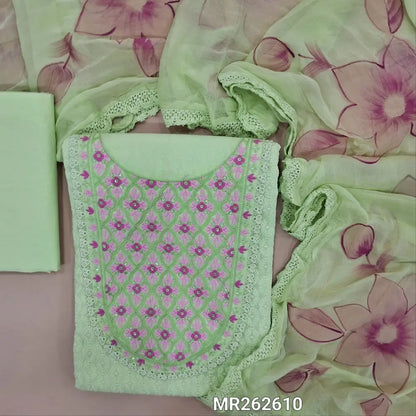 Pastel green chikankari embroidered pure cotton unstitched salwar material, embroidered yoke with lace work(lining optional)matching cotton bottom,brush paint work on fancy chiffon dupatta with lace tapping. MR262610