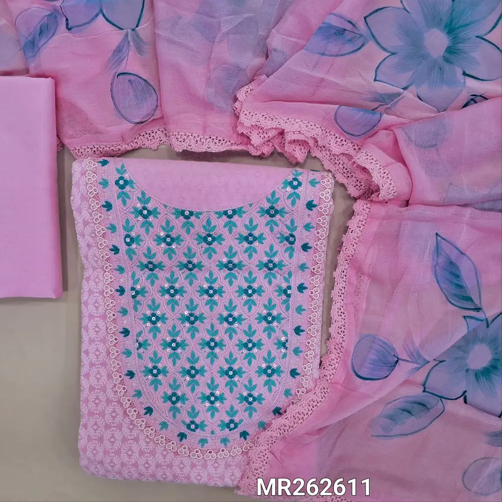 Pastel pink chikankari embroidered pure cotton unstitched salwar material, embroidered yoke with lace work(lining optional)matching cotton bottom,brush paint work on fancy chiffon dupatta with lace tapping. MR262611