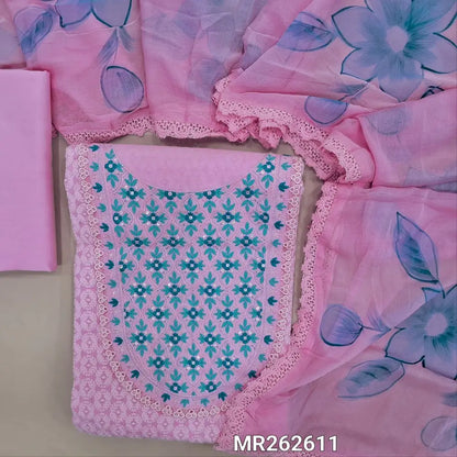 Pastel pink chikankari embroidered pure cotton unstitched salwar material, embroidered yoke with lace work(lining optional)matching cotton bottom,brush paint work on fancy chiffon dupatta with lace tapping. MR262611