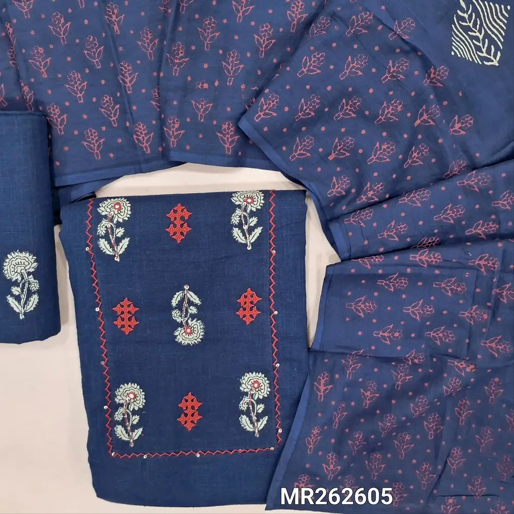 Dark blue premium slub cotton unstitched salwar material, block print yoke with sequins,hand embroidery (lining optional)block printed cotton bottom, hand block printed mul cotton dupatta. MR262605