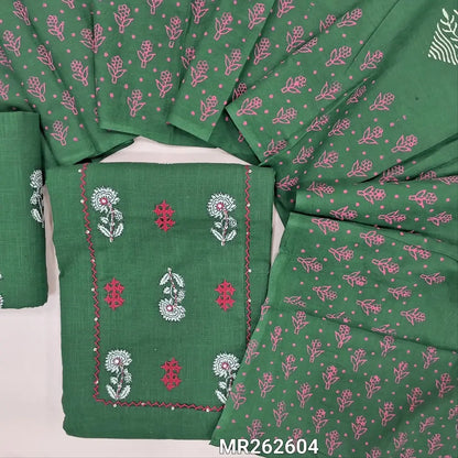 Dark leafy green premium slub cotton unstitched salwar material, block print yoke with sequins,hand embroidery (lining optional)block printed cotton bottom, hand block printed mul cotton dupatta. MR262604