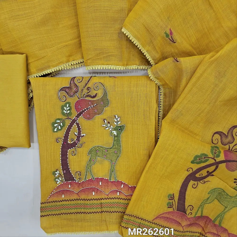 Mehandhi yellow jamdani woven premium silk cotton unstitched salwar material bead work on yoke ,weaving design with zardozi and pearl bead work daman(lining needed) cotton bottom, jamdani woven short width silk cotton dupatta with lace tapping. MR262601