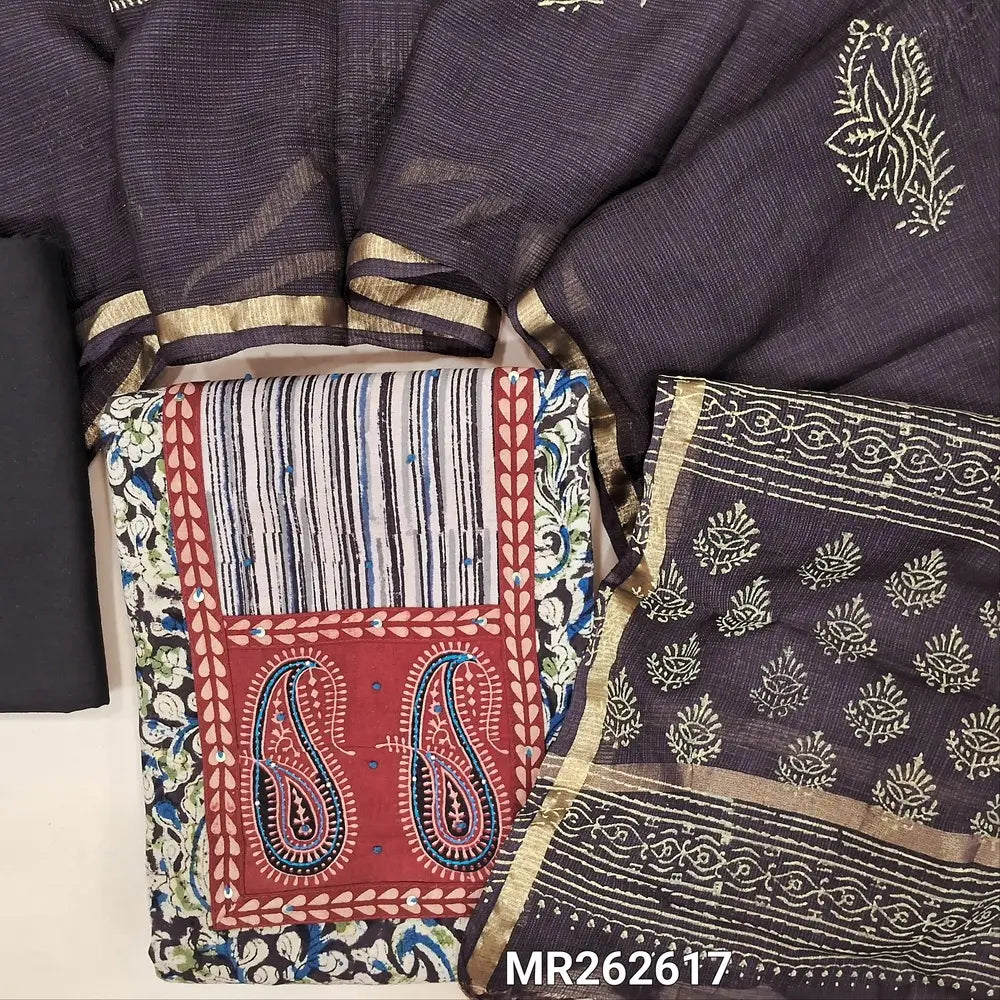Black kalamkari printed pure cotton unstitched salwar material,ajrak patch with hand embroidery (soft, Lining optional)matching cotton bottom,hand block printed kota silk cotton dupatta with gold tissue borders. MR262617