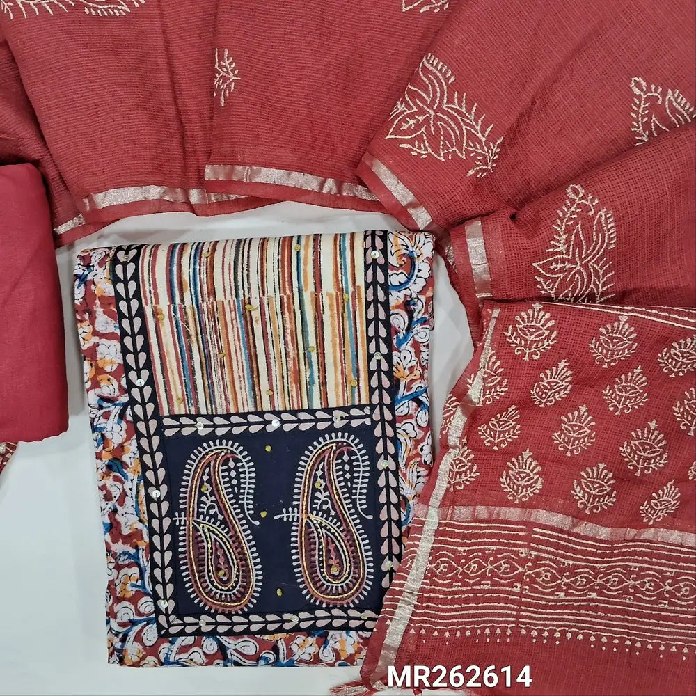 Reddish maroon kalamkari printed pure cotton unstitched salwar material,ajrak patch with hand embroidery (soft, Lining optional)matching cotton bottom,hand block printed kota silk cotton dupatta with gold tissue borders. MR262614