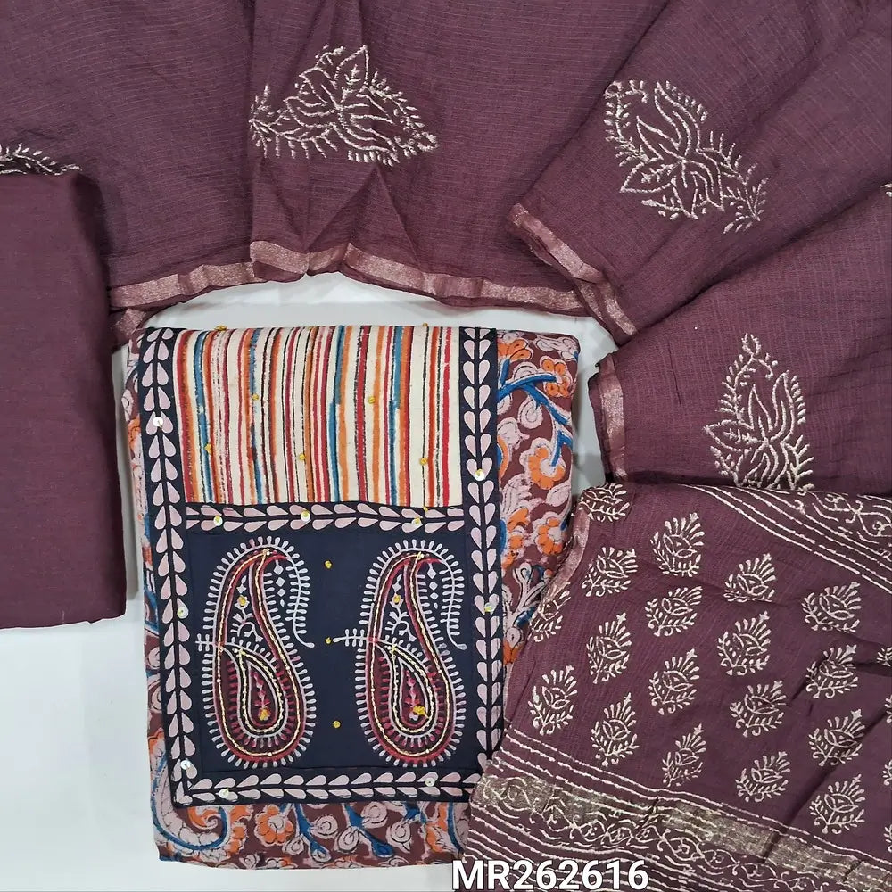 Dark maroon kalamkari printed pure cotton unstitched salwar material,ajrak patch with hand embroidery (soft, Lining optional)matching cotton bottom,hand block printed kota silk cotton dupatta with gold tissue borders. MR262616