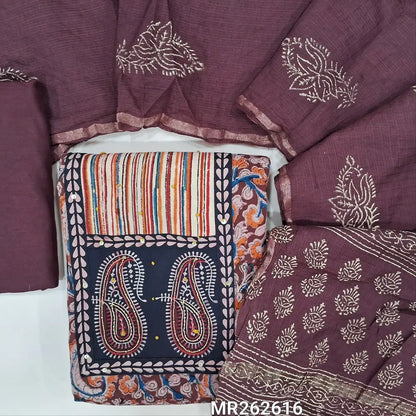 Dark maroon kalamkari printed pure cotton unstitched salwar material,ajrak patch with hand embroidery (soft, Lining optional)matching cotton bottom,hand block printed kota silk cotton dupatta with gold tissue borders. MR262616