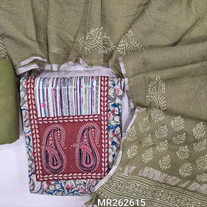 Light olive green kalamkari printed pure cotton unstitched salwar material,ajrak patch with hand embroidery (soft, Lining optional)matching cotton bottom,hand block printed kota silk cotton dupatta with gold tissue borders. MR262615