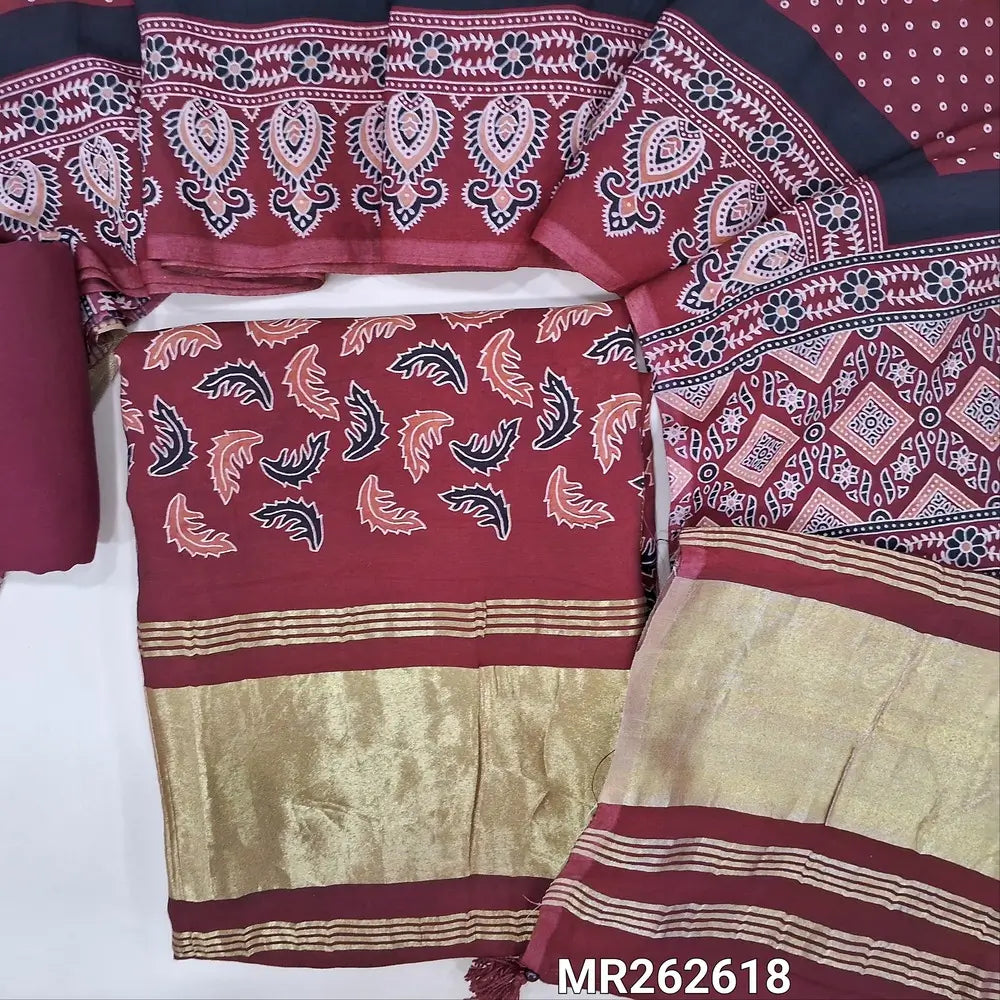 Reddish maroon printed taspa silk unstitched salwar material (lining needed) tissue borders on daman, matching cotton bottom, printed taspa silk dupatta with tissue pallu (TAPING NEEDED) MR262618