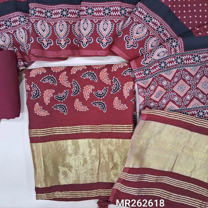 Reddish maroon printed taspa silk unstitched salwar material (lining needed) tissue borders on daman, matching cotton bottom, printed taspa silk dupatta with tissue pallu (TAPING NEEDED) MR262618