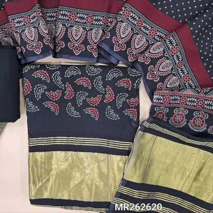 Black printed taspa silk unstitched salwar material(lining needed) tissue borders on daman, matching cotton bottom, printed taspa silk dupatta with tissue pallu (TAPING NEEDED) MR262620