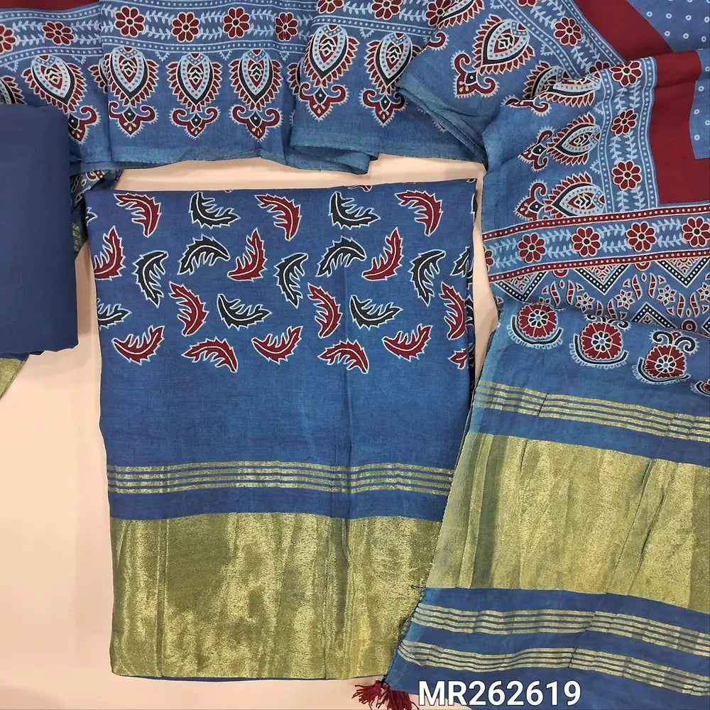 Indigo blue printed taspa silk unstitched salwar material (lining needed) tissue borders on daman, matching cotton bottom, printed taspa silk dupatta with tissue pallu (TAPING NEEDED) MR262619