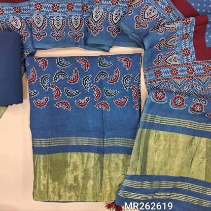 Indigo blue printed taspa silk unstitched salwar material (lining needed) tissue borders on daman, matching cotton bottom, printed taspa silk dupatta with tissue pallu (TAPING NEEDED) MR262619