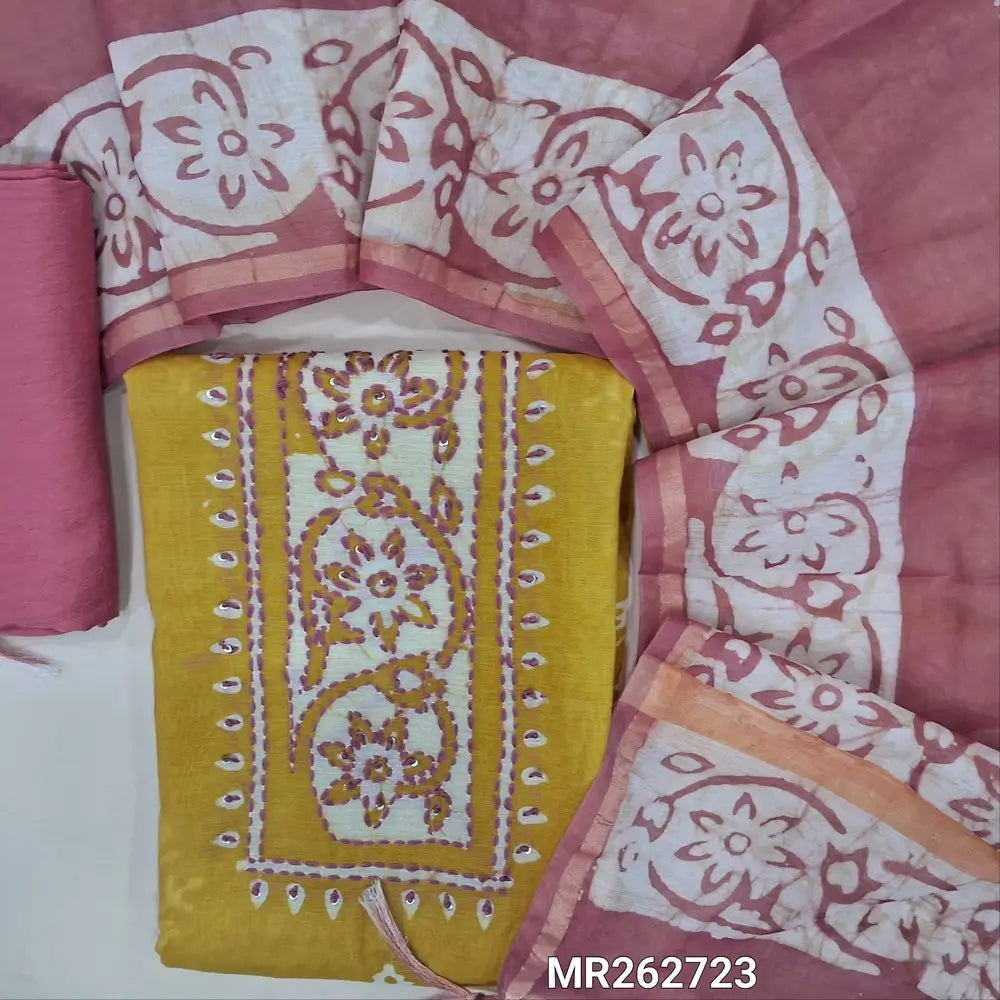 Mehandhi yellow chanderi silk cotton unstitched salwar material,wax batik yoke with embroidery work, wax batik design all over(lining needed)pastel pink silky bottom,wax batik design on dual shaded chanderi silk cotton dupatta with tissue brders. MR262723