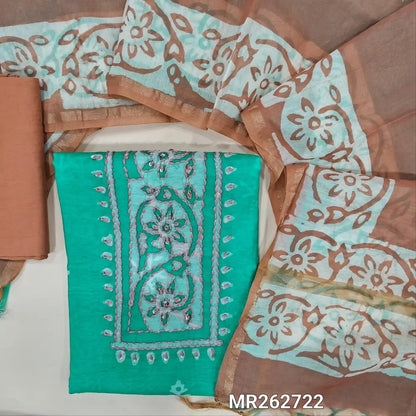 Turquoise green chanderi silk cotton unstitched salwar material,wax batik yoke with embroidery work, wax batik design all over(lining needed)peach silky bottom,wax batik design on dual shaded chanderi silk cotton dupatta with tissue brders. MR262722