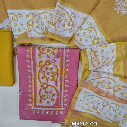 Pastel pink chanderi silk cotton unstitched salwar material,wax batik yoke with embroidery work, wax batik design all over(lining needed)mehandhi yellow silky bottom,wax batik design on dual shaded chanderi silk cotton dupatta with tissue brders. MR262721