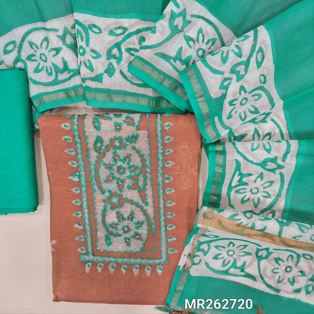 Peach chanderi silk cotton unstitched salwar material,wax batik yoke with embroidery work, wax batik design all over(lining needed)turquoise green silky bottom,wax batik design on dual shaded chanderi silk cotton dupatta with tissue brders. MR262720