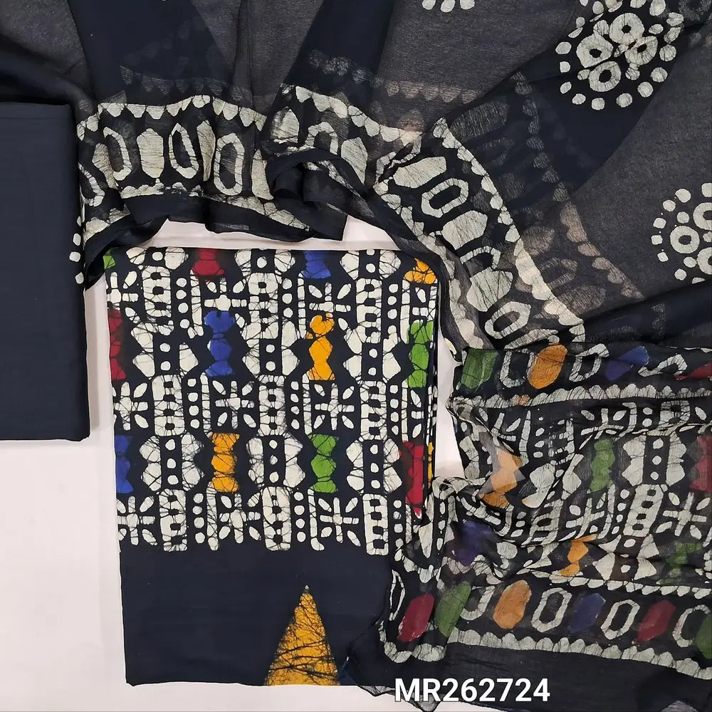 Black multicoloured wax batik dyed pure cotton unstitched salwar material,(lining optional)batik dyed pure cotton bottom, batik design on pure chiffon dupatta (TAPPING NEEDED). MR262724