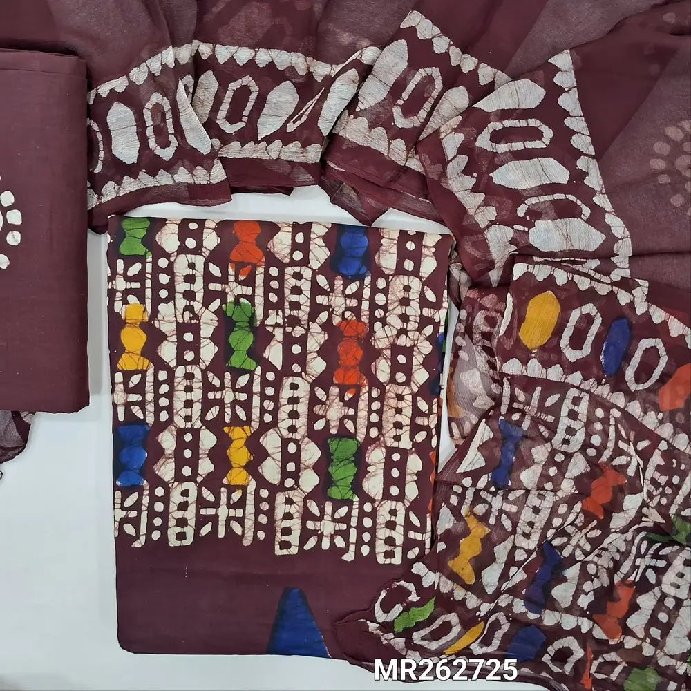 Dark maroon multicoloured wax batik dyed pure cotton unstitched salwar material,(lining optional)batik dyed pure cotton bottom, batik design on pure chiffon dupatta (TAPPING NEEDED). MR262725