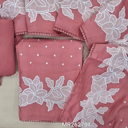 Pastel pink mul chanderi nstitched salwar material, thread embroidery on front, applique work on daman,(lining needed)matching santoon bottom,embroidery and applique work on mul chanderi dupatta with lace tapping. MR262701