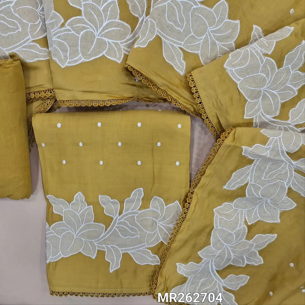 Mehandhi yellow mul chanderi unstitched salwar material, thread embroidery on front, applique work on daman,(lining needed)matching santoon bottom,embroidery and applique work on chanderi dupatta with lace tapping. MR262704