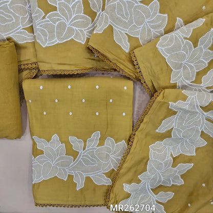 Mehandhi yellow mul chanderi unstitched salwar material, thread embroidery on front, applique work on daman,(lining needed)matching santoon bottom,embroidery and applique work on chanderi dupatta with lace tapping. MR262704